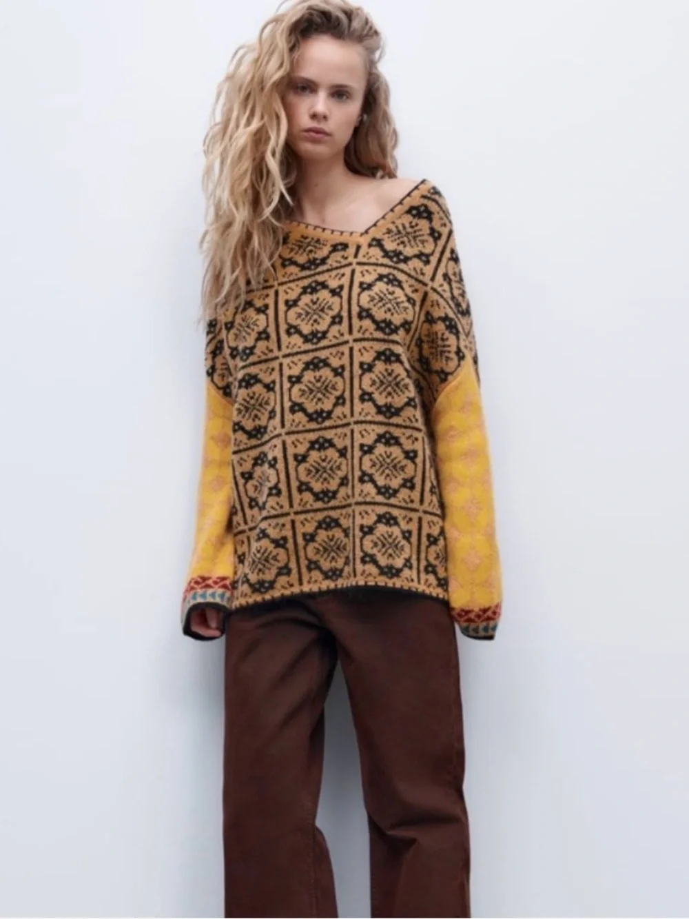 VINTAGE Zara Asymmetrical Neckline Jacquard Knit Patchwork Sweater Size XS—S